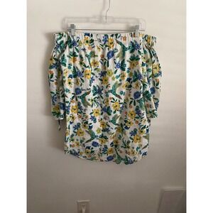 Tropical Parrot Floral‎ Off the Shoulder Cotton Top White Petite Small